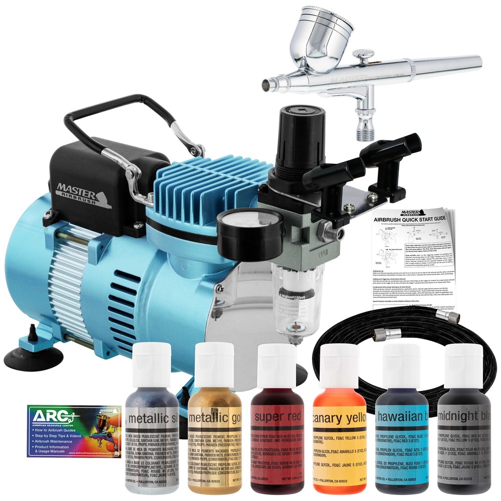 Airbrush Cake Decorating Compressor Kit, 6 Color Chefmaster Food Coloring Set