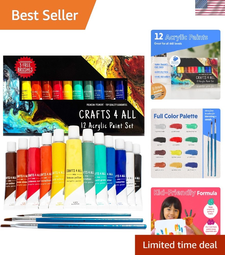 Ultimate Acrylic Paint Set – 12 Multicolor Tubes with Brushes for Kids & Adults