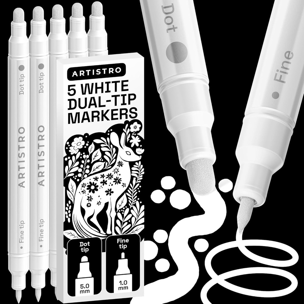ARTISTRO 5 White Dual-Tip Acrylic Paint Markers – Paint Pens Set with Dot & Fine