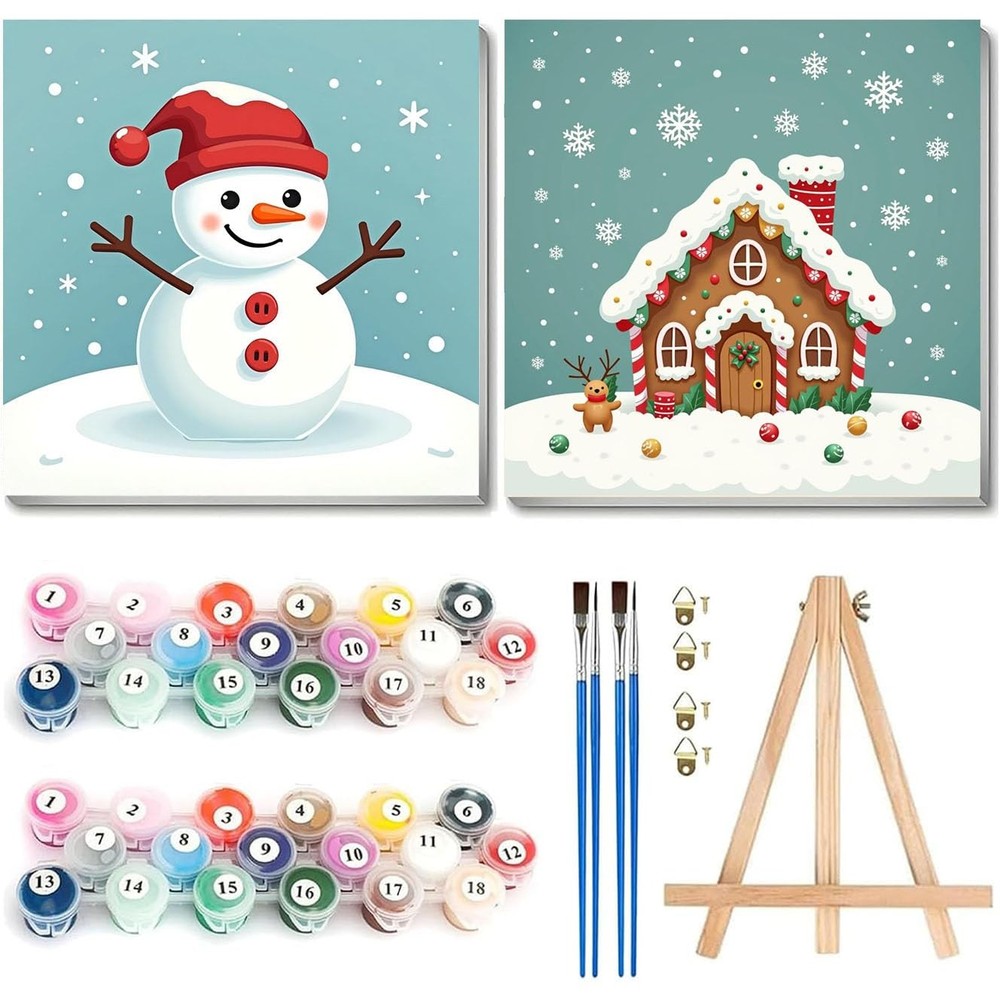 2 Pack Paint by Numbers Kit for Kids with Frame-Wooden Easel, Christmas Paint…