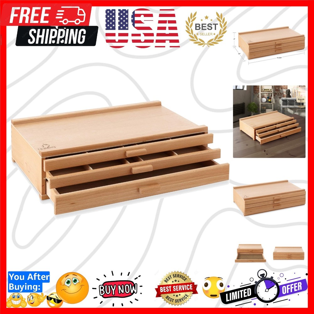 3 Drawer Wooden Artist Storage Supply Box for Pastels, Pencils, Pens, Markers…