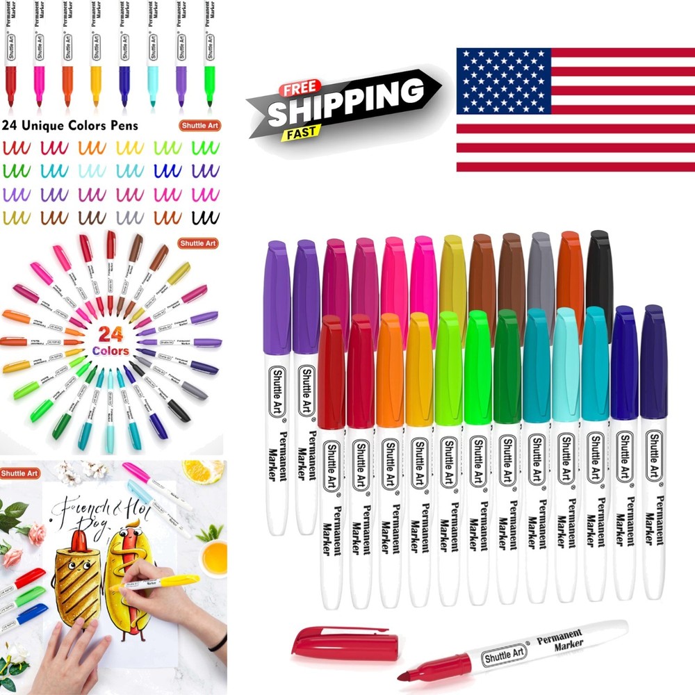 Assorted Colors Permanent Markers 24 Count Fine Point Non Toxic and Waterproof