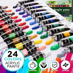 Art Paint Set with Wooden Easel Box, 24 Colors Acrylic Paints, 8 Paint Brushes,