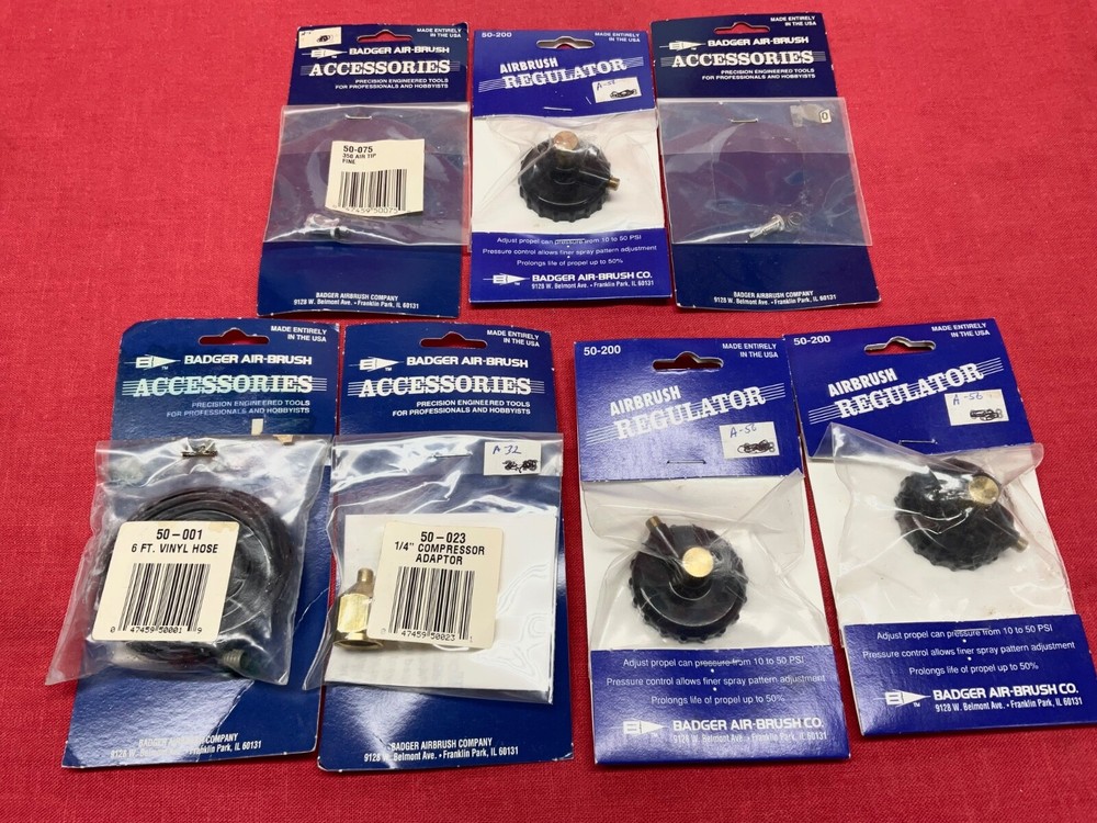 New Badger Air-Brush Co. AirBrush Hose + Caps + Tip & Adaptor Parts Lot NOS