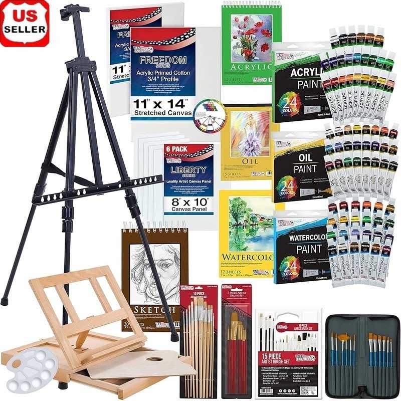 Ultimate 133pc Art Set W/ Easels Paintbrushes Canvases Drawing Supplies New
