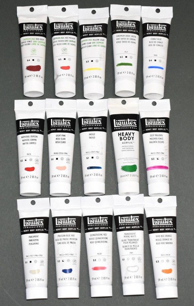15 Diff Bright & Bold Liquitex Heavy Body Acrylics – 2 oz Tubes – Retail $173.45