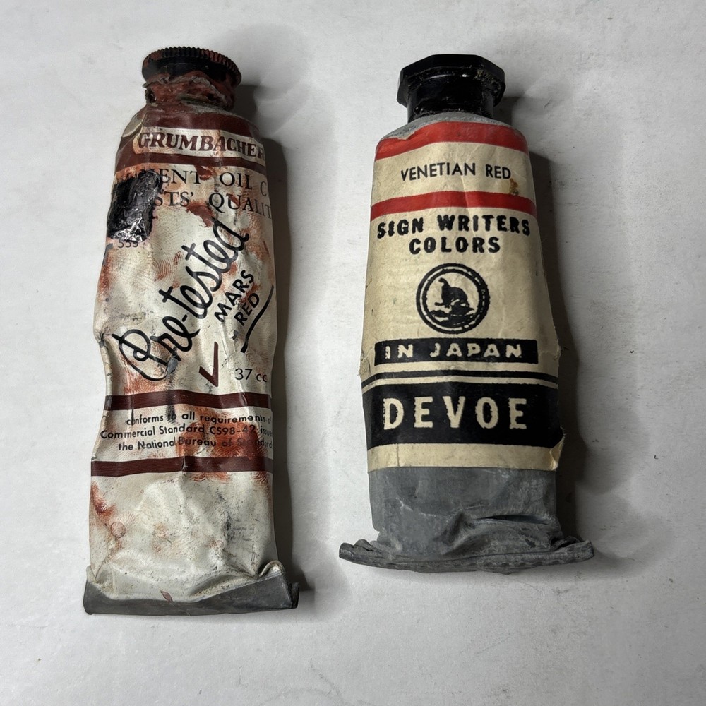 2 Vintage Oil Paints Grumbacher Pre Tested Mars Red & Devoe Venetian Red 1960s