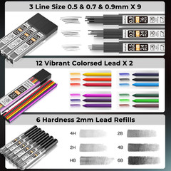 37PCS Art Mechanical Pencil Set, Metal Drafting Pencils 0.5 Mm, 0.7 Mm, 0.9 Mm &
