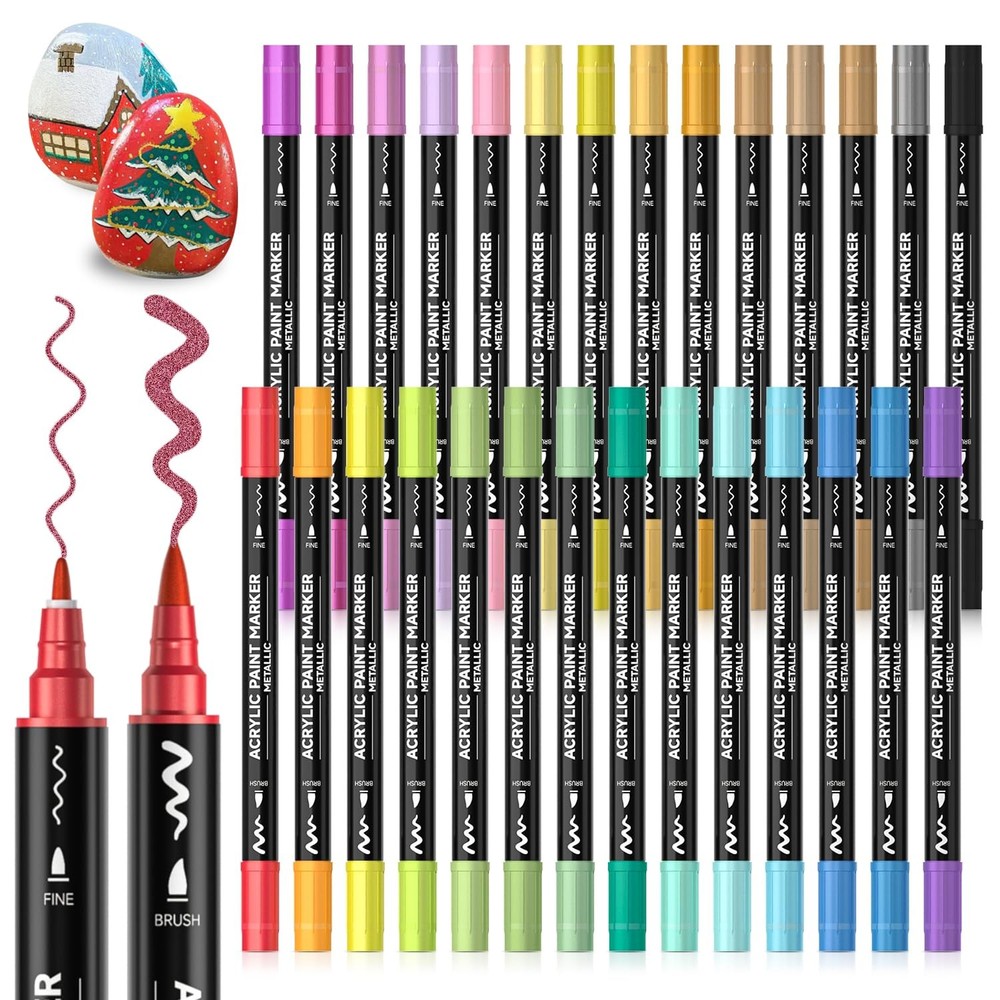 Shuttle Art Acrylic Markers, Metallic Color Pens, Brush and Fine Tip Twin Pen Se