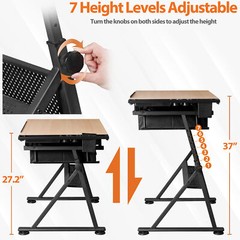 Drafting Drawing Table Tabletop Adjustable Height with Charge Outlet Natural