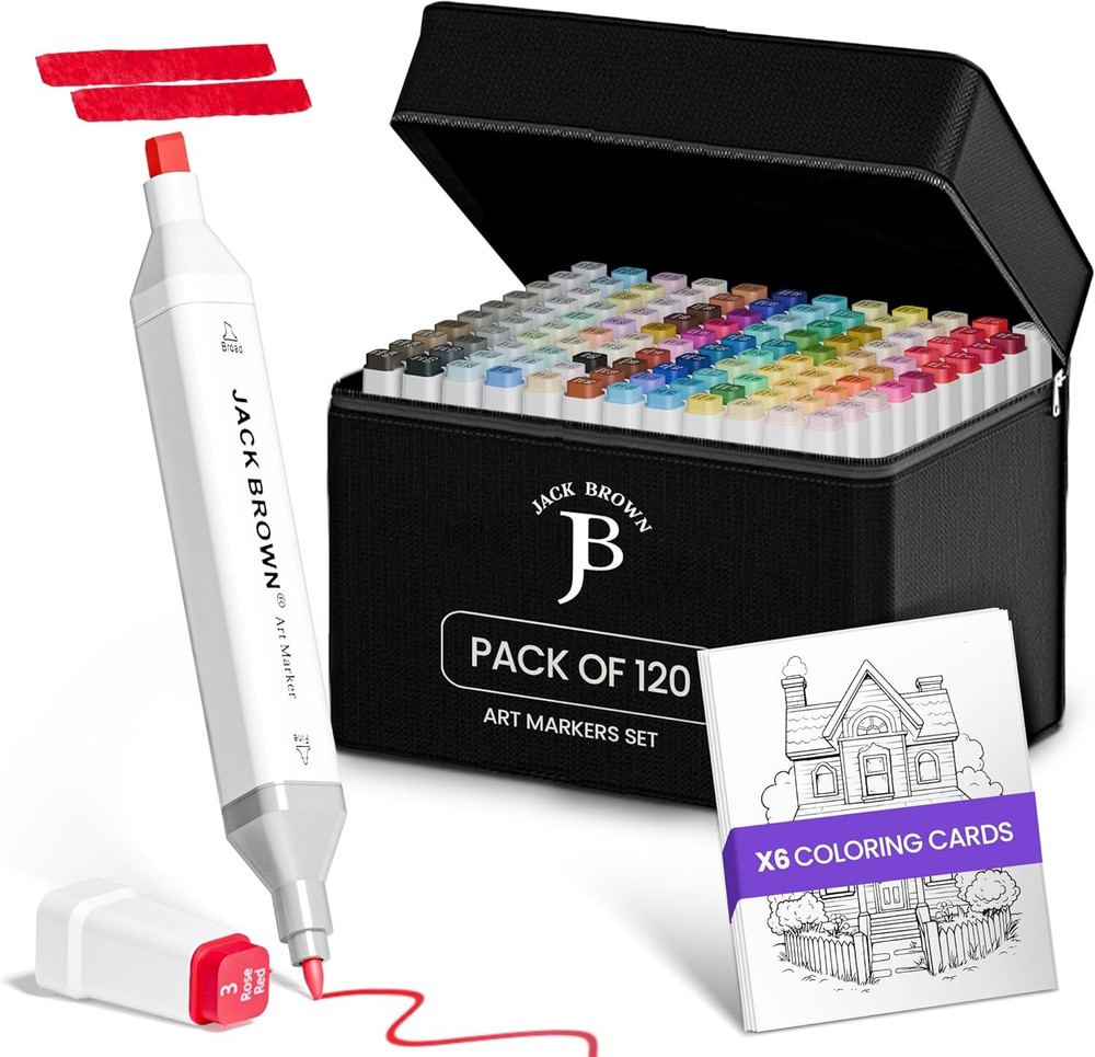 JACK BROWN 120 Colors Alcohol Markers Set with Fine & Chisel Dual Tip – Professi