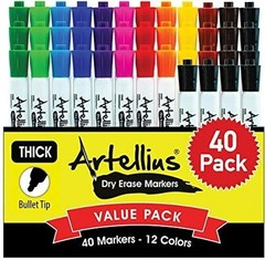40 Pack of Dry Erase Markers (12 ASSORTED COLORS W/ 7 EXTRA BLACK)