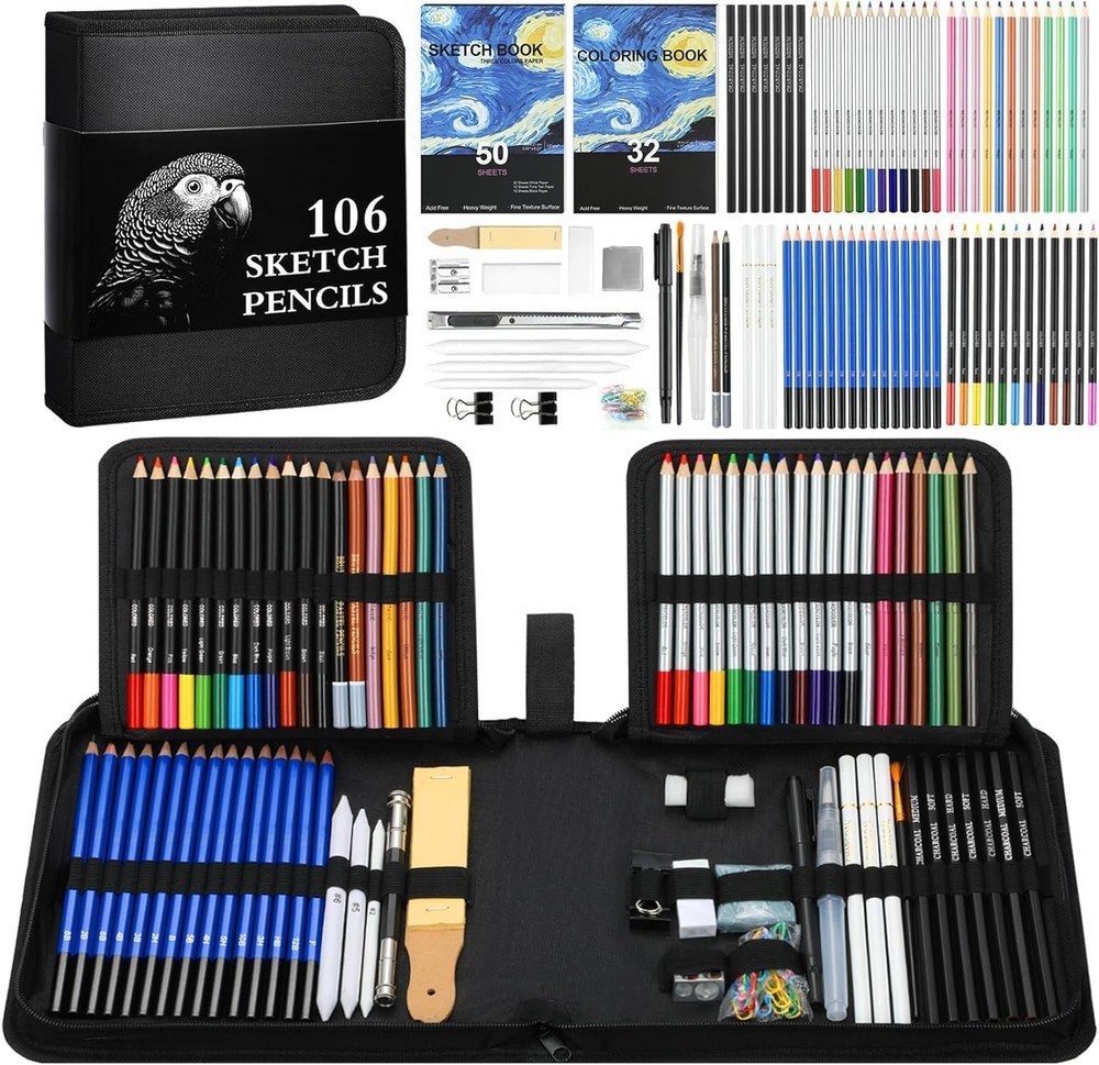 Cool Bank 106 Pack Art Supplies Sketching Kit with 3-Color Sketch Book, Color…