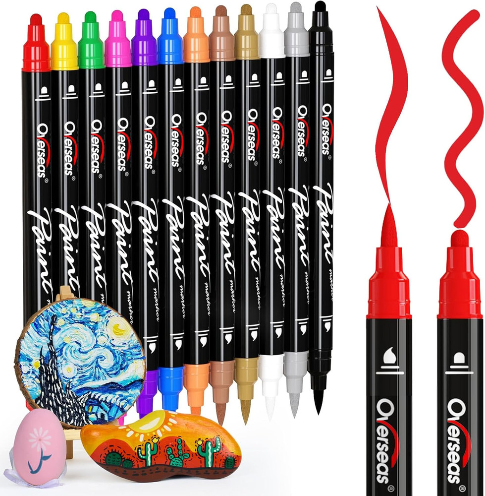 12 Dual-Tip Acrylic Paint Markers Pens – Acrylic Paint Pens with Brush and Dot T