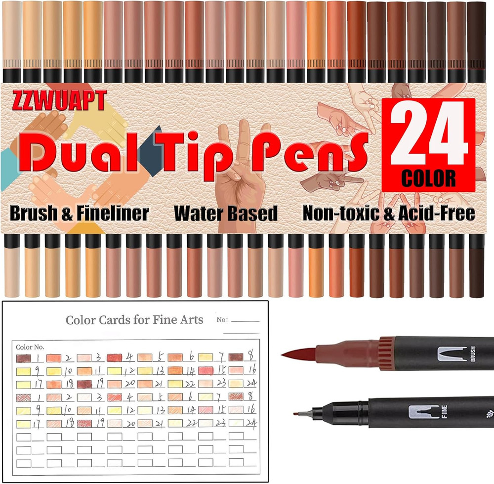 Skin Tone Double Tip Brush Pens Art Markers,24 Colored Artist Fine Brush Pen Col