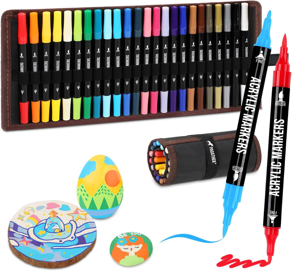 24 Colors Acrylic Paint Markers, Dual Tip with Fine Tip and Brush Tip Pens for S