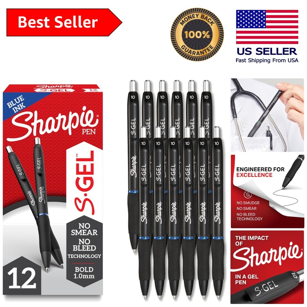 S-Gel Bold Point Blue Ink Gel Pen 12-Count – Smudge-Free Writing