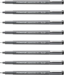 Staedtler Pigment Liner Pack, Black, 8 Pens, Assorted Line Widths