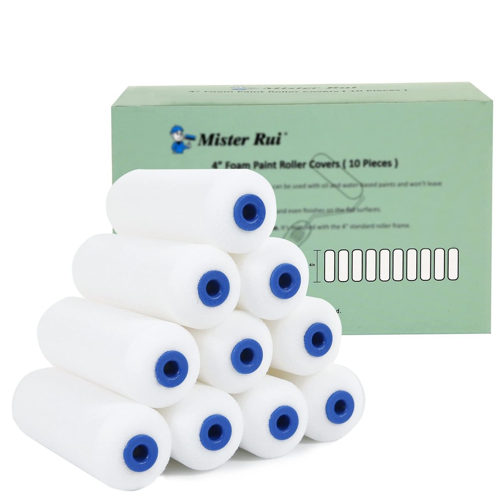 Mister Rui Foam Paint Roller, 4 Inch Roller 10 4 Inch,10 Pack, Blue Cap