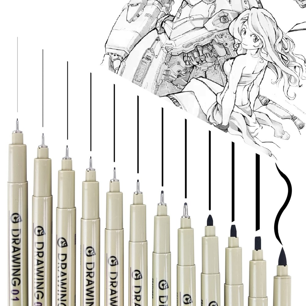 12 PCS Black Micro Pen Set Fineliner Drawing Art Ink Sketch Technical Line