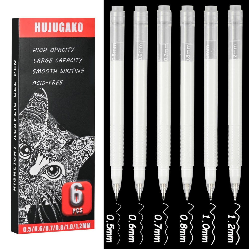 6 PCS White Gel Pens Acrylic Large Capacity Highlighter Ink Black Paper Drawing