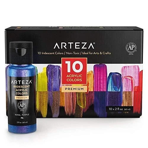 Iridescent Acrylic Paint, Set of 10 Chameleon Colors, 2 oz/60ml Bottles