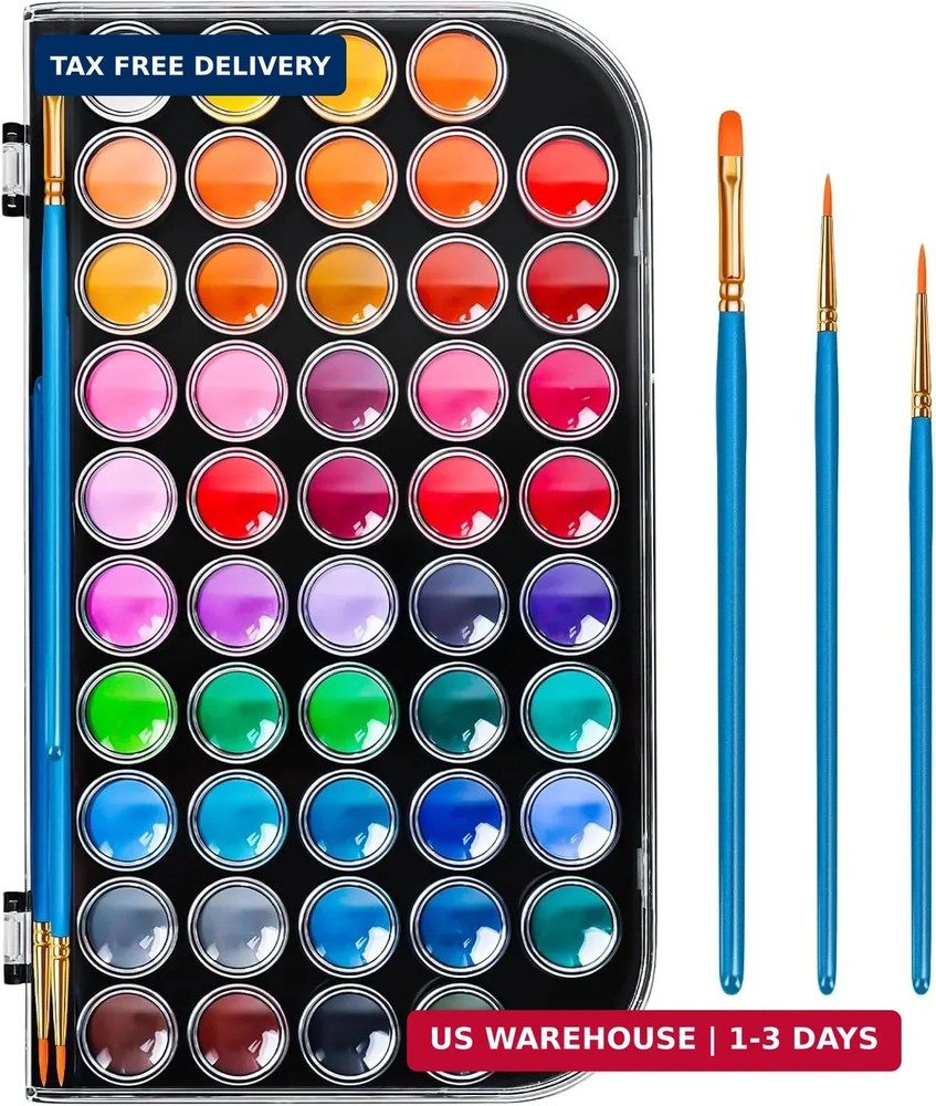 48 Color Solid Watercolor Paint Set with 3 Wooden Brushes – Non-Toxic, Vibrant &