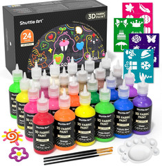 Shuttle Art Fabric Paint, 24 Colors 3D Permanent Paint with Brushes Palette Pen