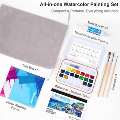 Travel Watercolor Set – 18 Classic Color Watercolor Paint Set with Brushes Wa…