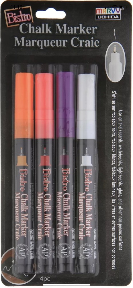 Bistro Chalk Marker Fine Point Set 4 Pack-Fluorescent Violet, Orange, Red, White