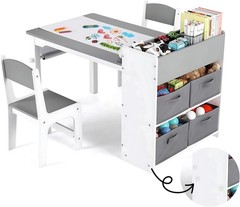 Arlopu Kids Art Table with 2 Chairs GreyLargeWoodToddler ActivityDeskforPainting