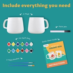 DIY Mug Painting Kit for Adults Kids with 2 Paintable Ceramic Mugs 12 Safe Pa…