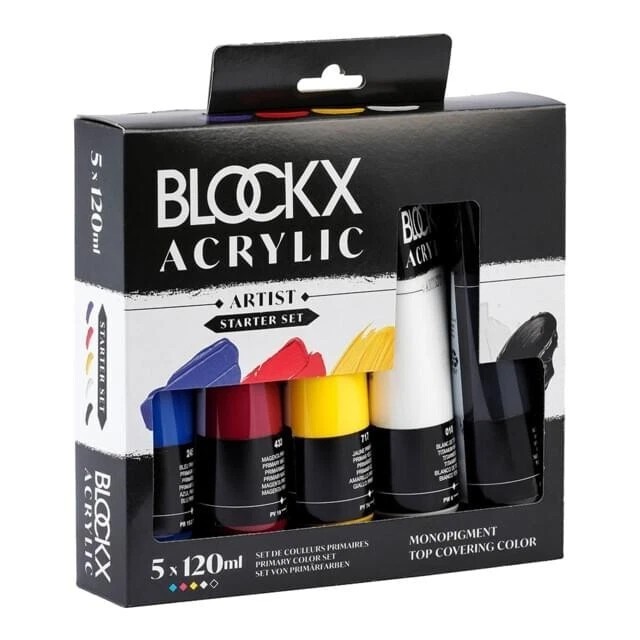 BLOCKX Primary Acrylic Artist Pigment Paint Starter set 5 x 120ml Great VALUE