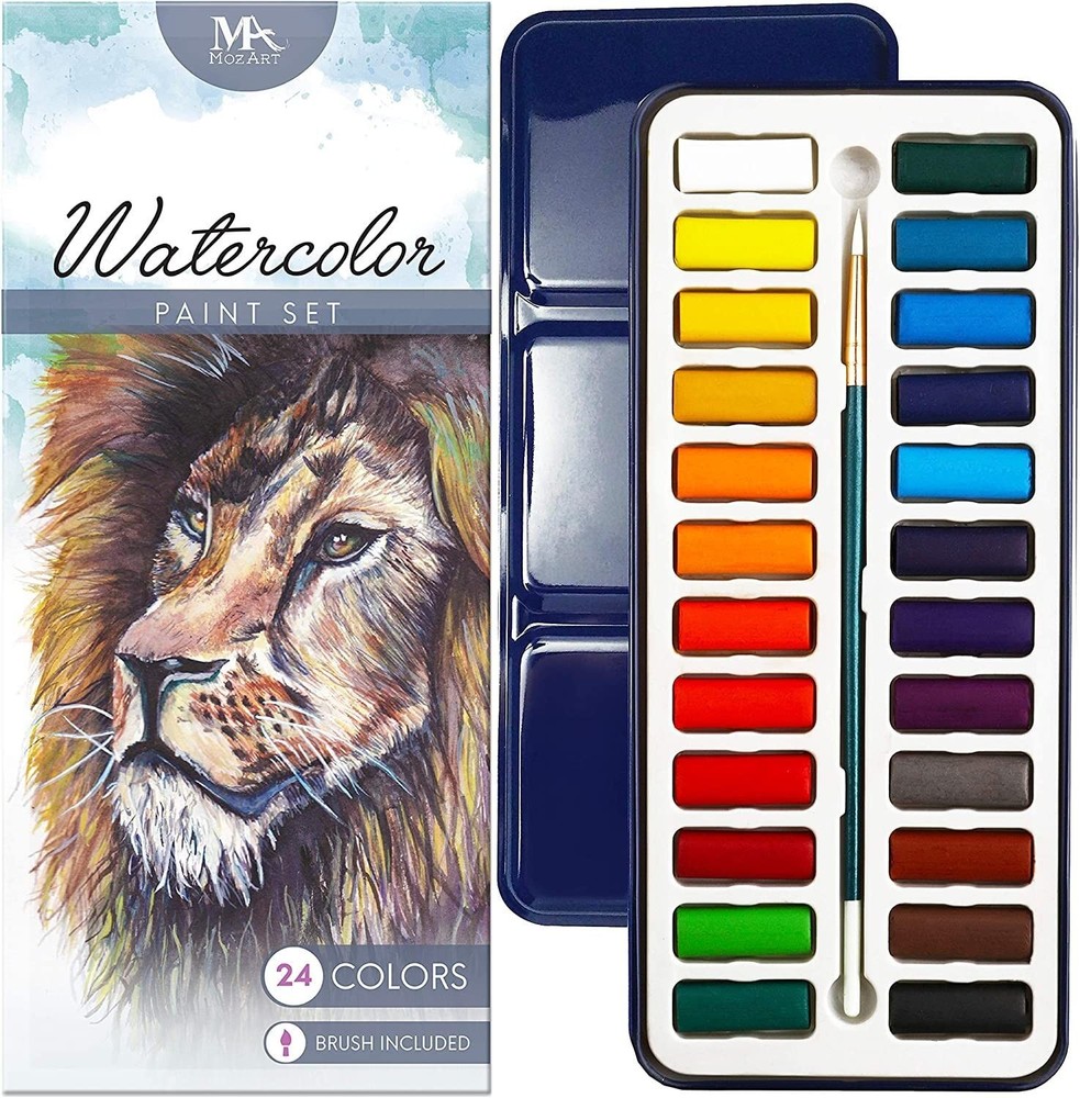 Watercolor Paint Essentials Set – Lightweight and Portable Metal Box – Lid Ha…