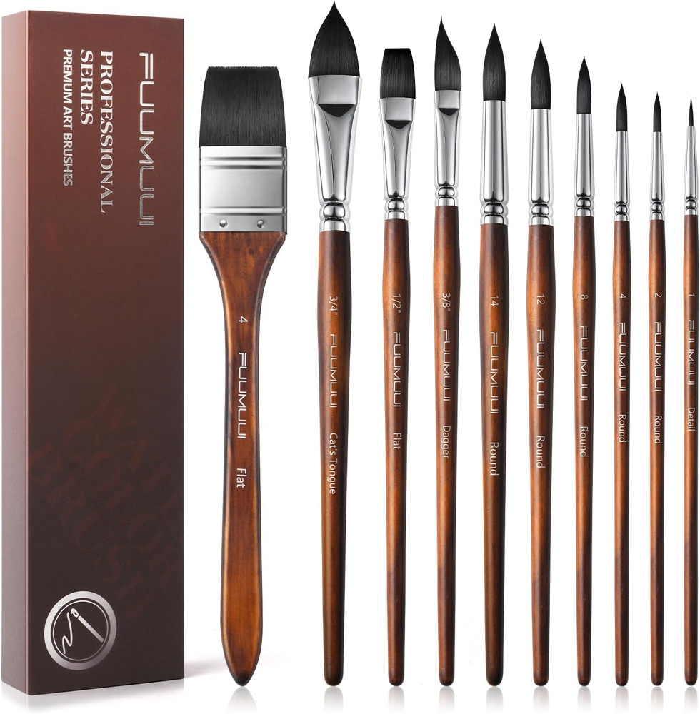 Fuumuui Professional Watercolor Brushes – 10Pcs Synthetic Squirrel Hair Paint Br