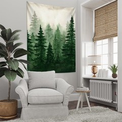 Flysea Green Mountain Tapestry Misty Foggy Forest Watercolor Tree Landscape A…