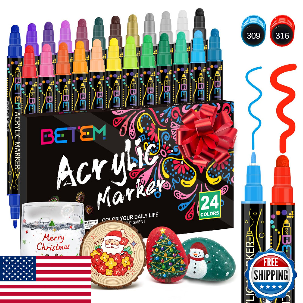 Betem 24-Color Dual Tip Acrylic Paint Pens Markers – Fine & Brush Nibs