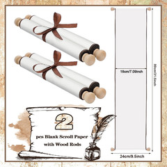 2 Pack Blank Paper Scrolls Wrapped on Wood Rod for Writing, Drawing, Calligraphy