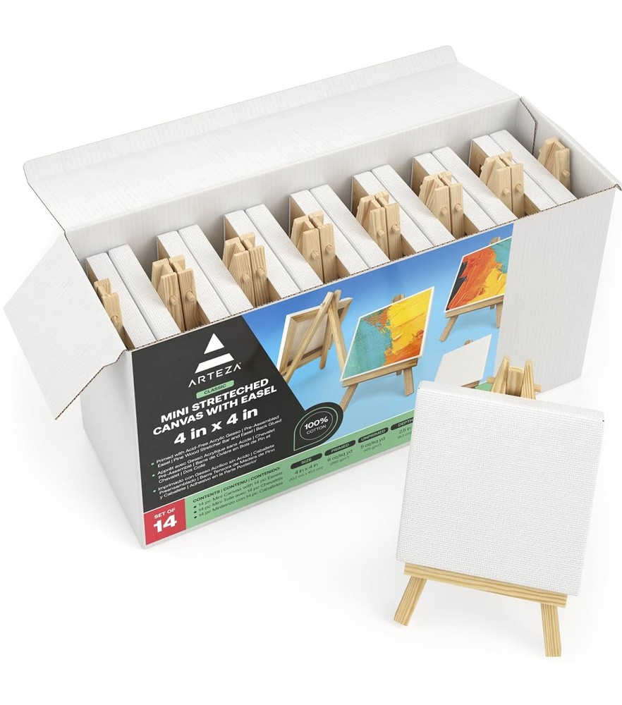 Small Canvases with Easels, 4 x 4 Inches, Pack of 14, Blank White Stretched C…