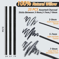 Willow Charcoal Sticks Pencils Artists Sketching Drawing Shading 79mm 25 PCS