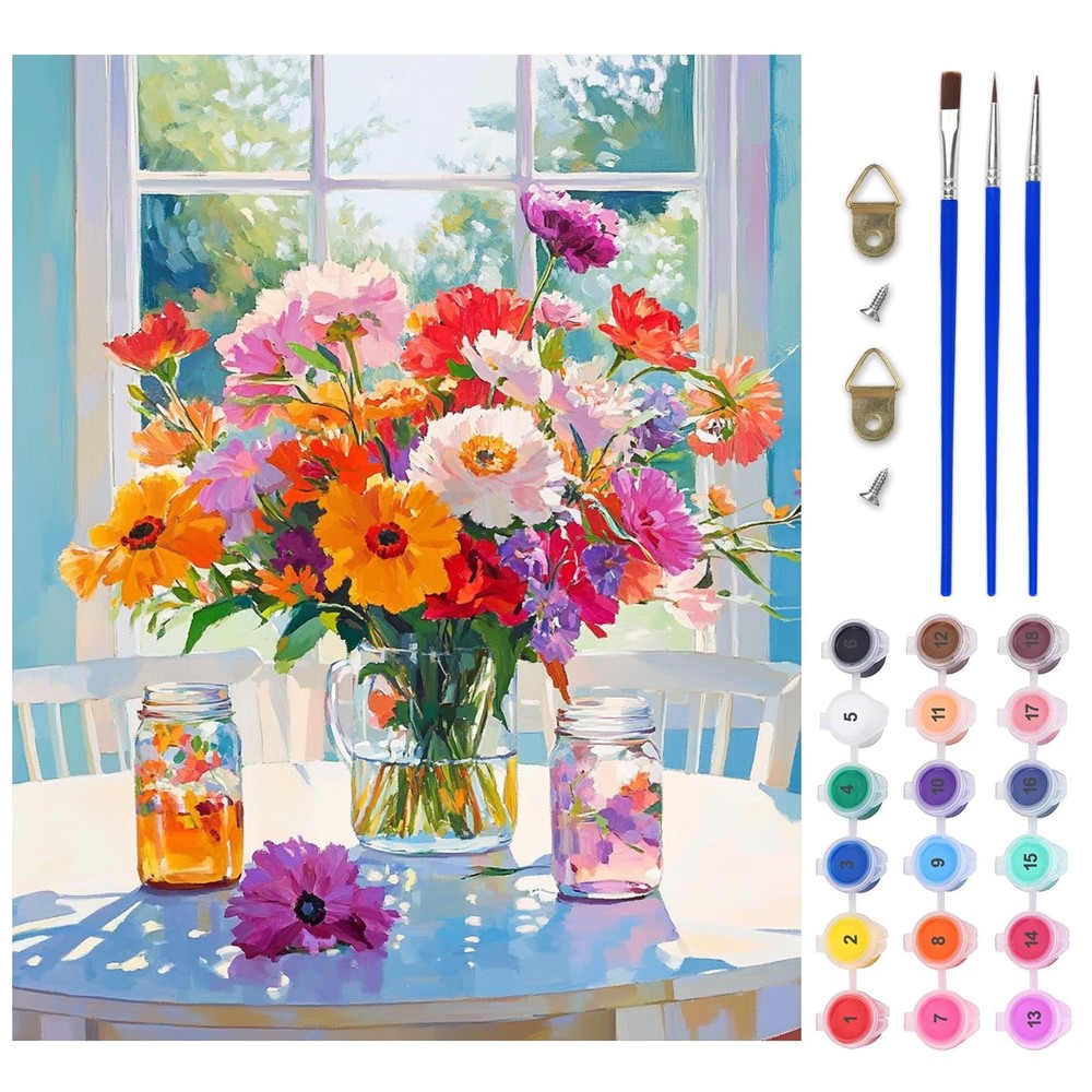 White Colorful Flowers Paint by Numbers Kit for Adults Beginners 16×20 Inch