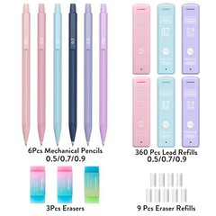 Cute Mechanical Pencil Set, 6PCS Pastel Mechanical 0.5mm + 0.7mm + 0.9mm