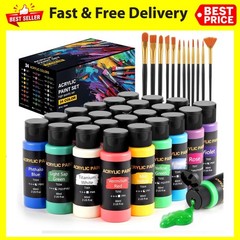 Acrylic Paint Set, 24 Colors 2 oz/Bottle with 12 Art Brushes, Art Supplies for &