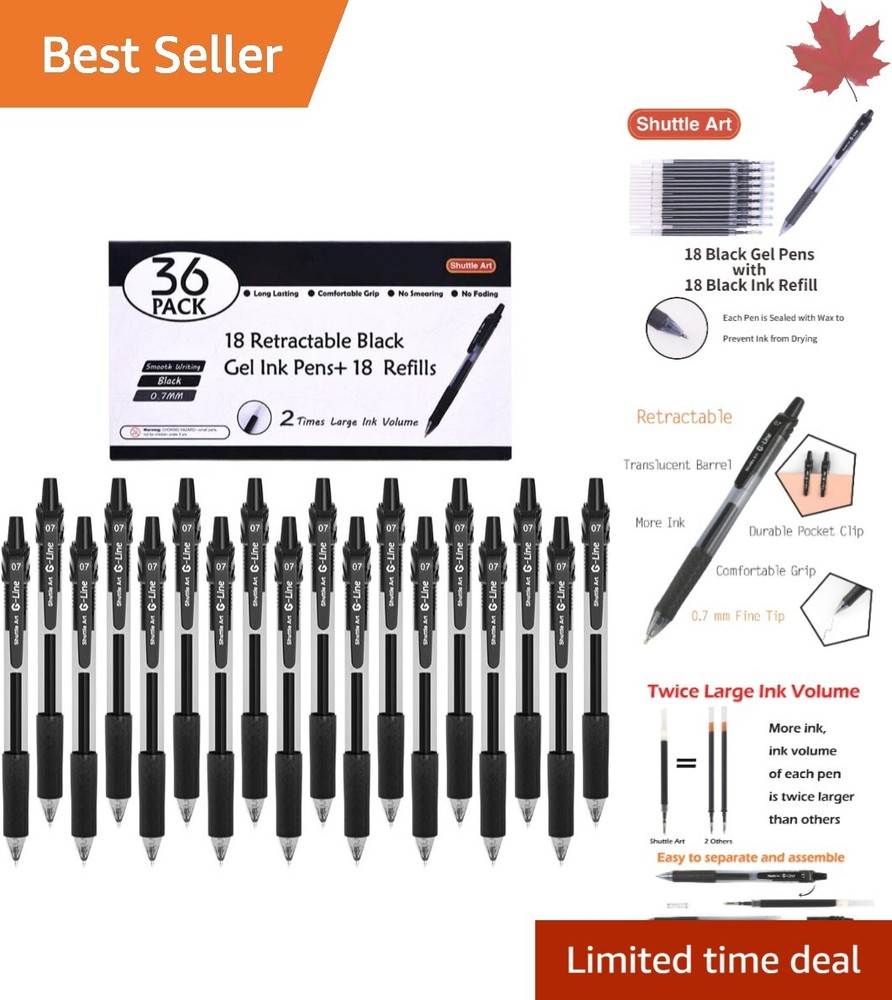 36 Piece Set of Black Gel Pens – Smooth Writing – Durable – Large Quantity