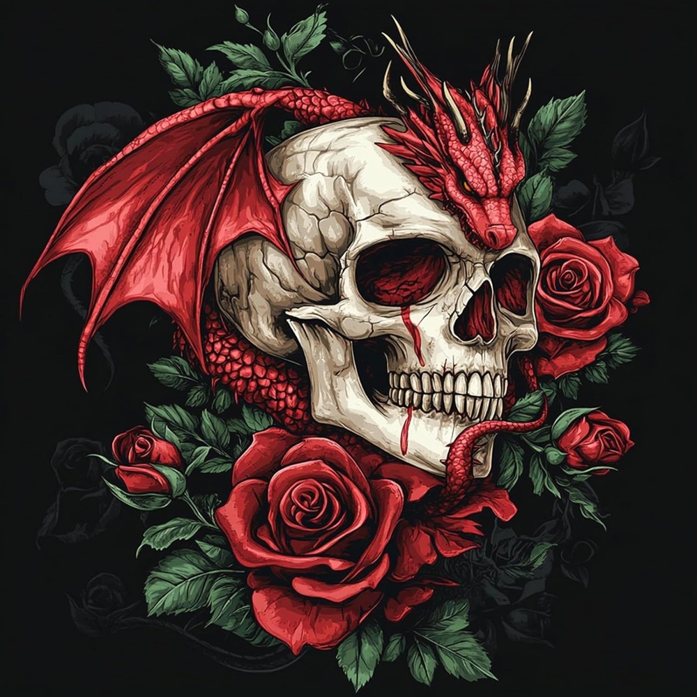 Red Dragon on Skull Roses Flowers 5D Diamond Drill Dot Art Painting Kit Fantasy