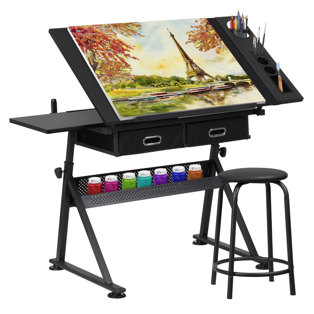 Black Drafting Drawing Table Adjustable Artist Desk Tilting Tabletop with Stool