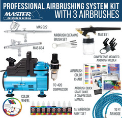 Sistema Airbrush con 3 Aerógrafos, Manguera y Soporte para Pintura.NUEVO