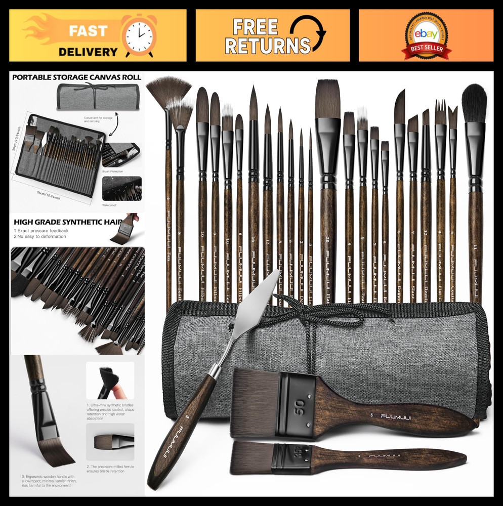 26pcs Professional Paint Brush Set – High-Grade Synthetic Nylon for Acrylic, Oil
