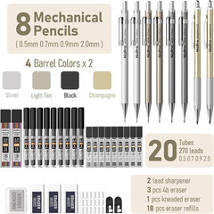 37PCS Art Mechanical Pencil Set, Metal Drafting Pencils 0.5 Mm, 0.7 Mm, 0.9 Mm &