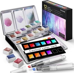12 Color Metallic Glitter Watercolour Set 2 Water Brushes Color Card